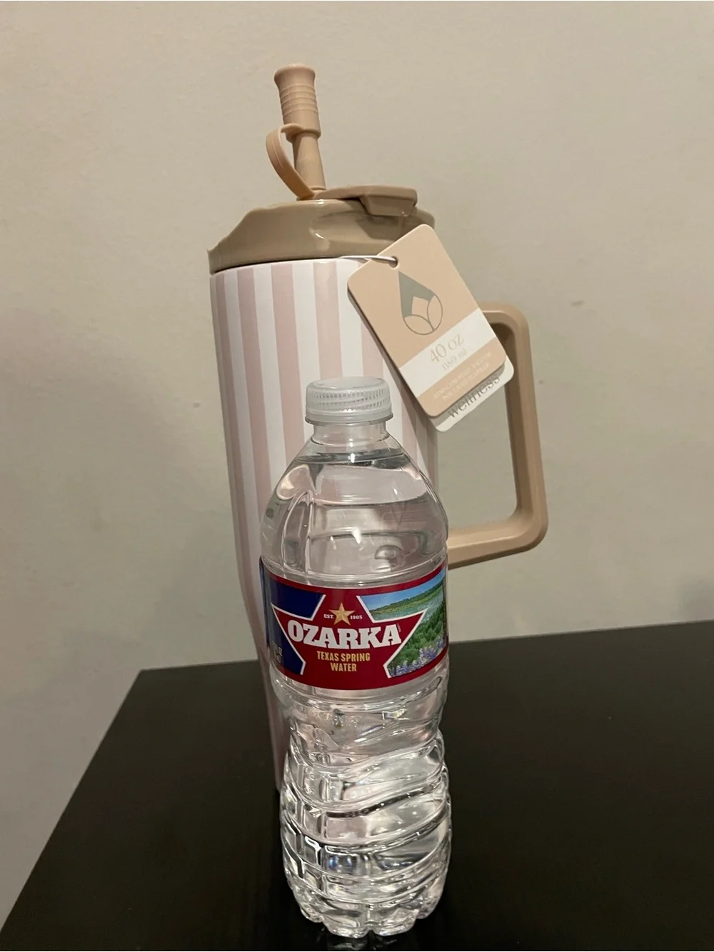 Striped Pink Travel Mug with Handle and Straw